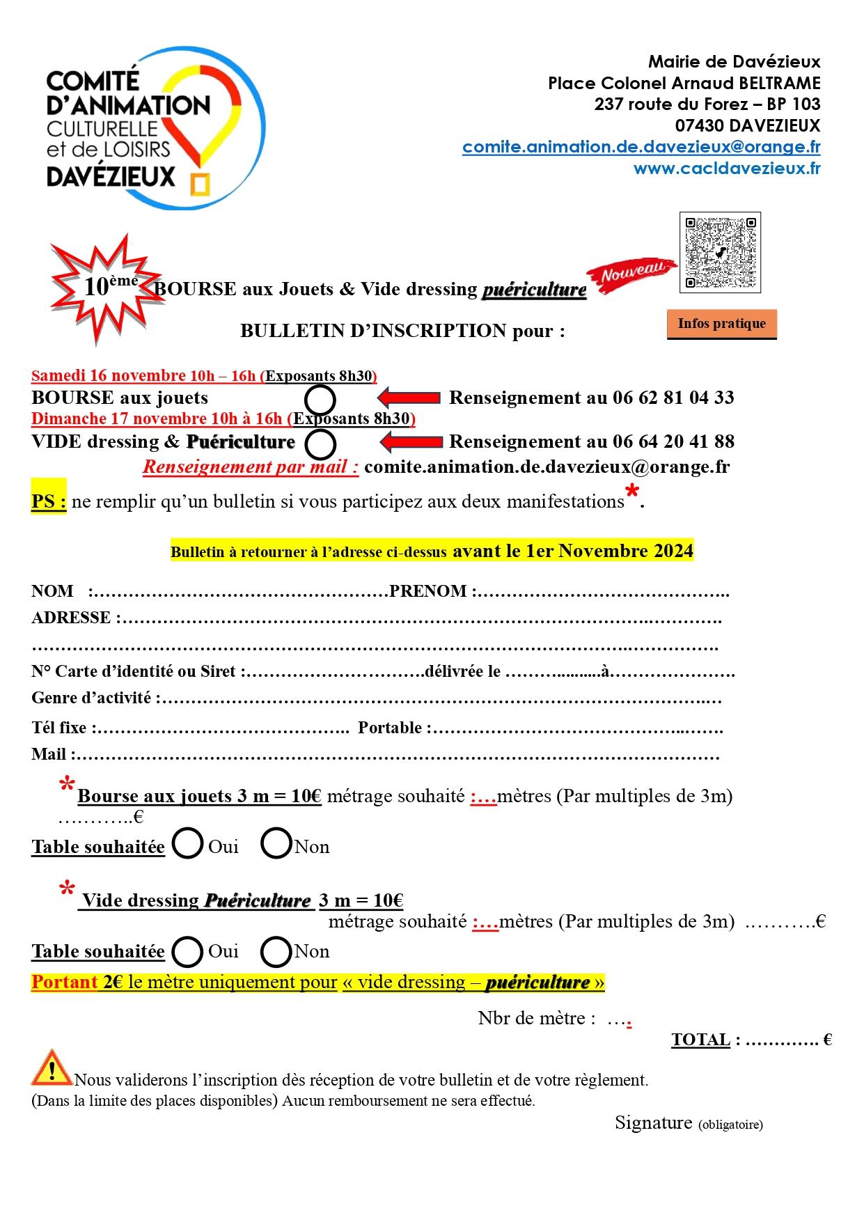 Bulletin d'inscription bourse aux jouets / vide dressing